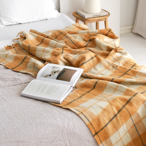Woolmark Tartan Çift Kişilik Saf Yün Battaniye Safran