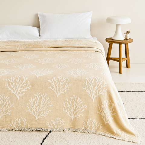 Coral 4 Kat Müslin Çift Kişilik Yatak Örtüsü/Pike Taş