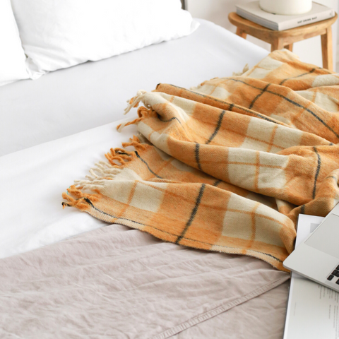Woolmark Tartan Çift Kişilik Saf Yün Battaniye Safran