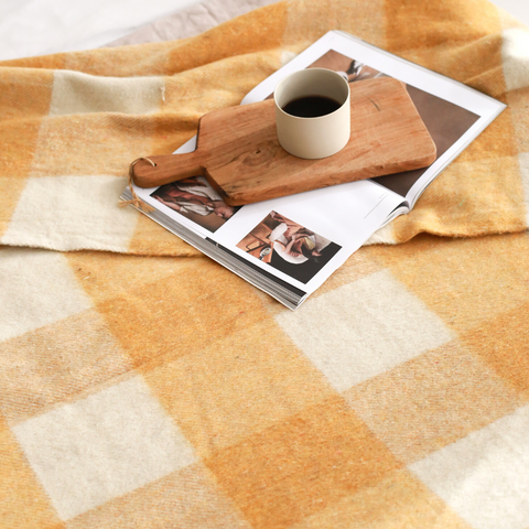 Woolmark Check Çift Kişilik Saf Yün Battaniye Safran