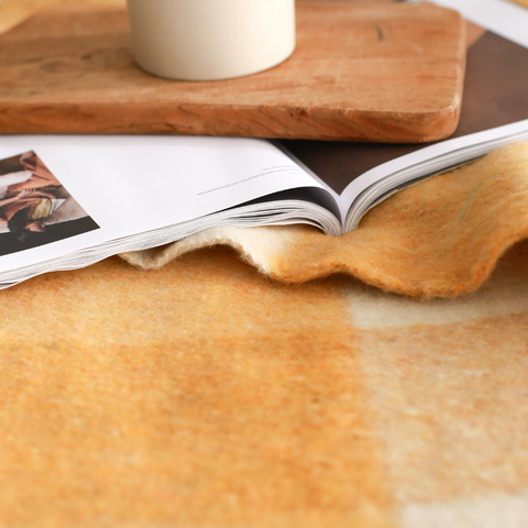 Woolmark Check Çift Kişilik Saf Yün Battaniye Safran