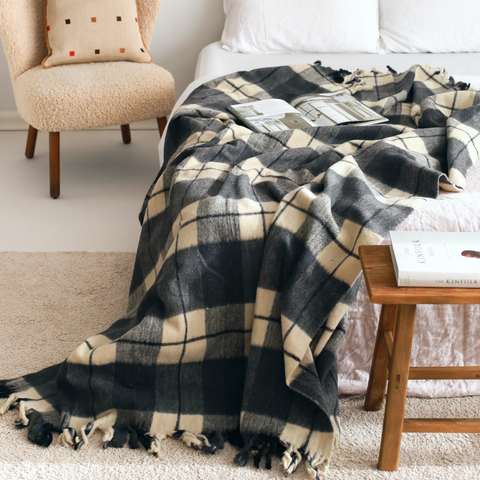 Woolmark Tartan Çift Kişilik Saf Yün Battaniye Antrasit