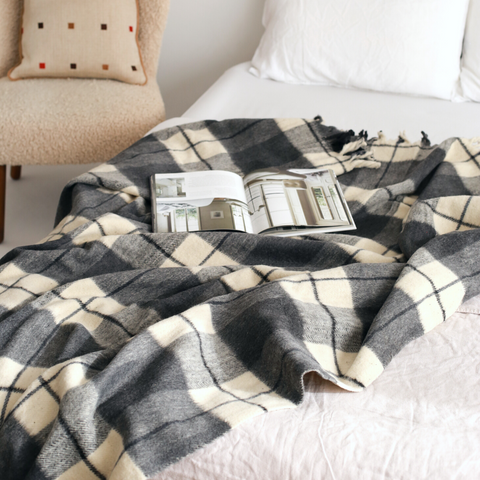 Woolmark Tartan Çift Kişilik Saf Yün Battaniye Antrasit