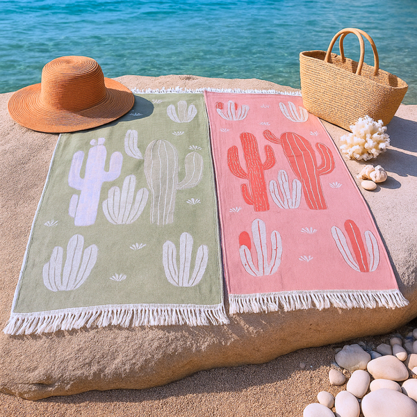 Cactus Throw Müslin Pamuk Peştamal Seti 100x180 cm Haki/Pudra