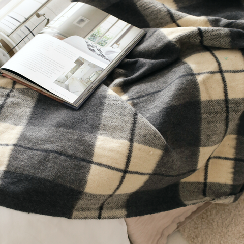 Woolmark Tartan Çift Kişilik Saf Yün Battaniye Antrasit