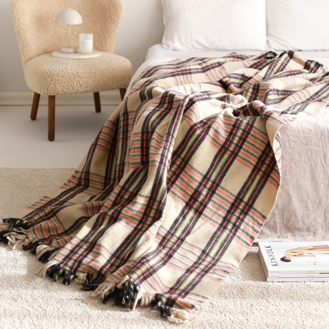 Woolmark Tartan Çift Kişilik Saf Yün Battaniye Yeşil