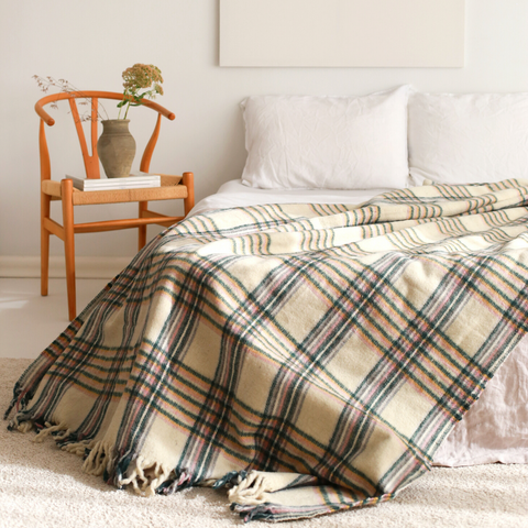 Woolmark Tartan Çift Kişilik Saf Yün Battaniye Krem