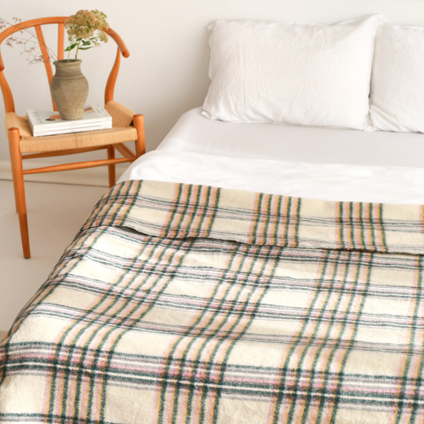 Woolmark Tartan Çift Kişilik Saf Yün Battaniye Krem