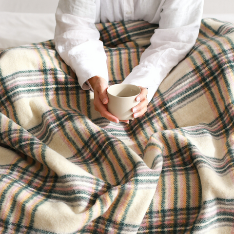 Woolmark Tartan Çift Kişilik Saf Yün Battaniye Krem