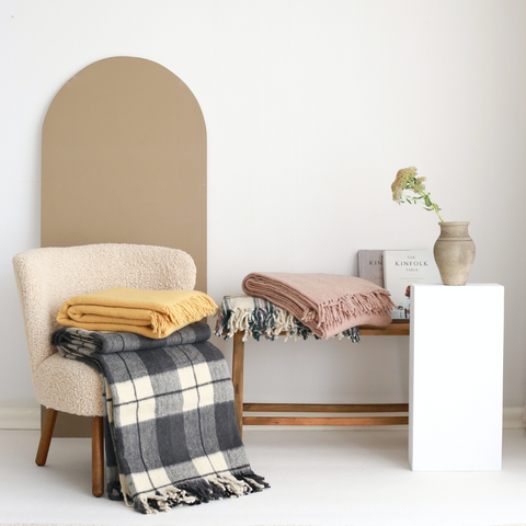 Woolmark Tartan Çift Kişilik Saf Yün Battaniye Antrasit