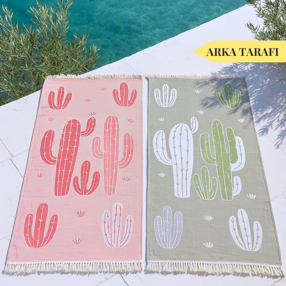 Cactus Throw Müslin Pamuk Peştamal Seti 100x180 cm Haki/Pudra