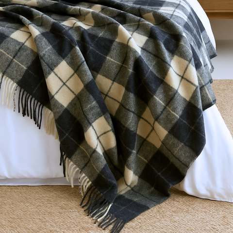 Woolmark Tartan Çift Kişilik Saf Yün Battaniye Antrasit