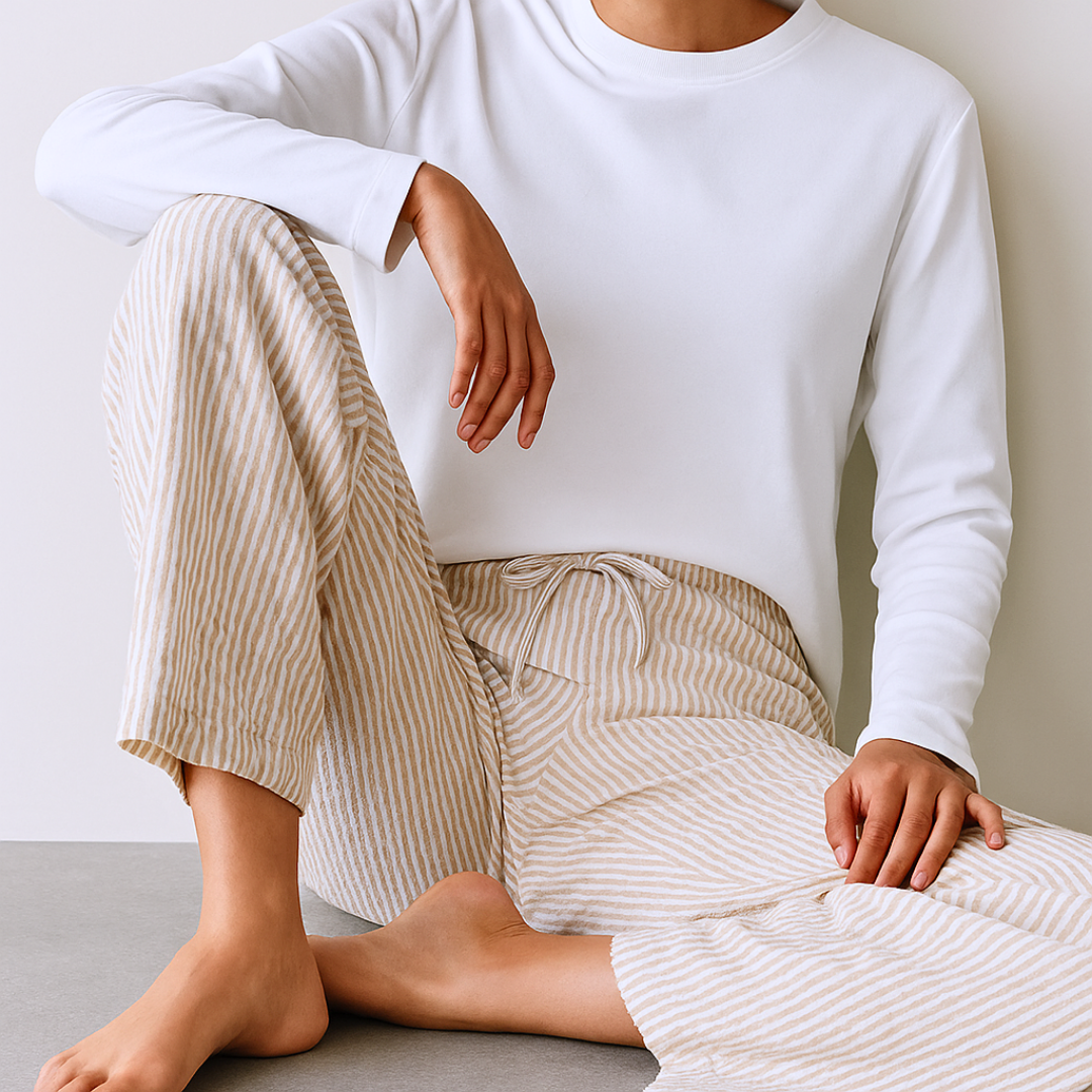 Gofre %100 Pamuk Kadın Pijama Takımı Bej