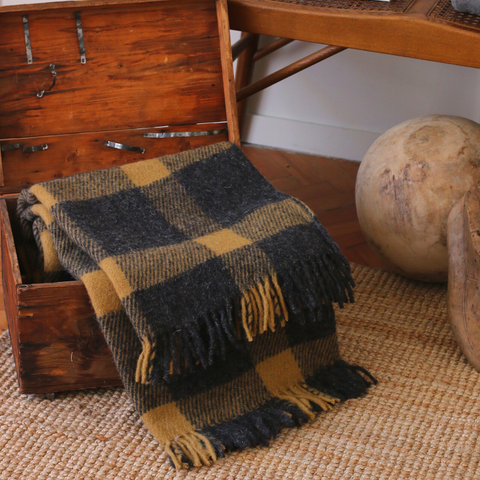 Woolmark Tartan Tek Kişilik Saf Yün Battaniye Hardal