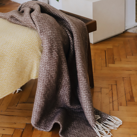 Woolmark Balıksırtı Tek Kişilik Saf Yün Battaniye Kahve