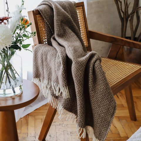 Woolmark Balıksırtı Tek Kişilik Saf Yün Battaniye Kahve