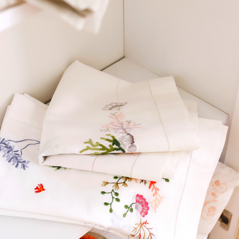 Coral Nakışlı Keten Runner 50x160 cm Mavi