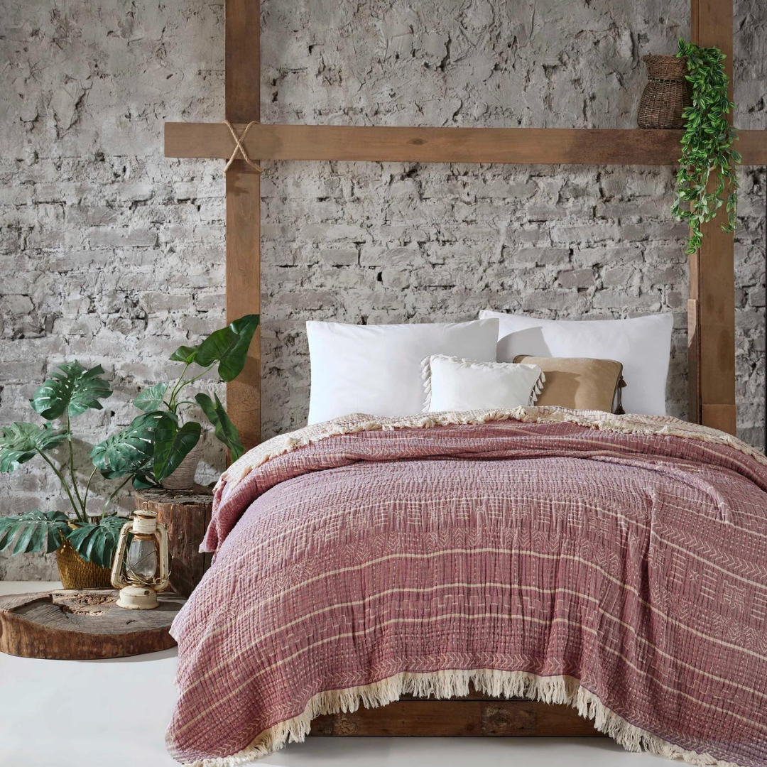 Toscana Çift Kişilik 4 Kat Müslin Yatak Örtüsü 240x260 cm Vişne