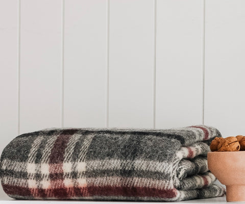 Woolmark Tartan Tek Kişilik Saf Yün Battaniye Füme