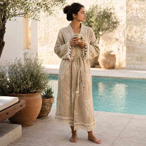 Coral Dokuma Pamuk Kimono/Sabahlık Vizon