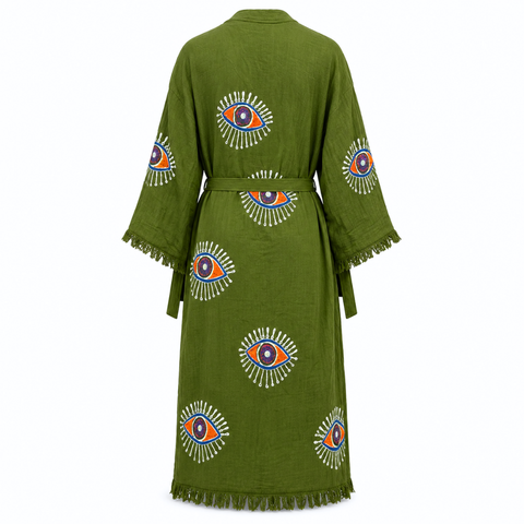 Gaia Taş Baskı Pamuk Kimono Haki