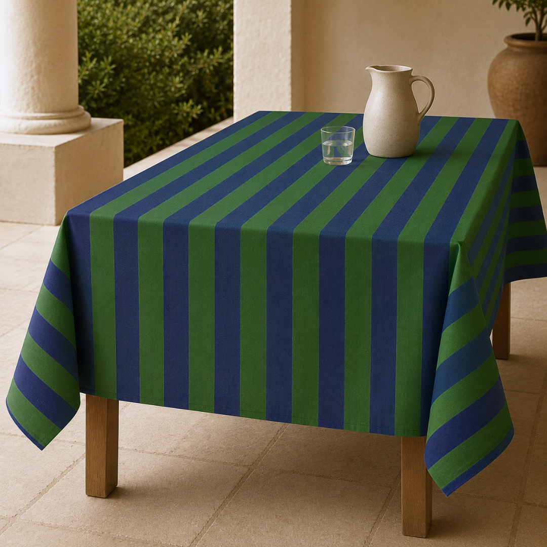 Green & Navy Stripe Dokuma Pamuk Leke Tutmaz Masa Örtüsü