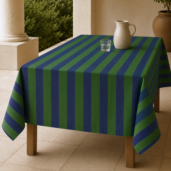 Green & Navy Stripe Dokuma Pamuk Leke Tutmaz Masa Örtüsü