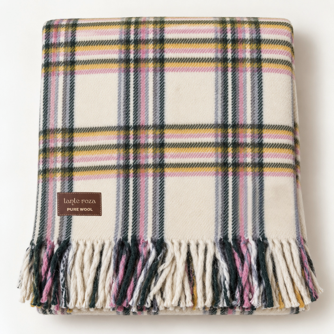Woolmark Tartan Çift Kişilik Saf Yün Battaniye Pudra/Yeşil