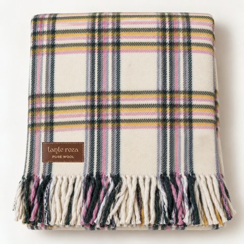 Woolmark Tartan Çift Kişilik Saf Yün Battaniye Pudra/Yeşil