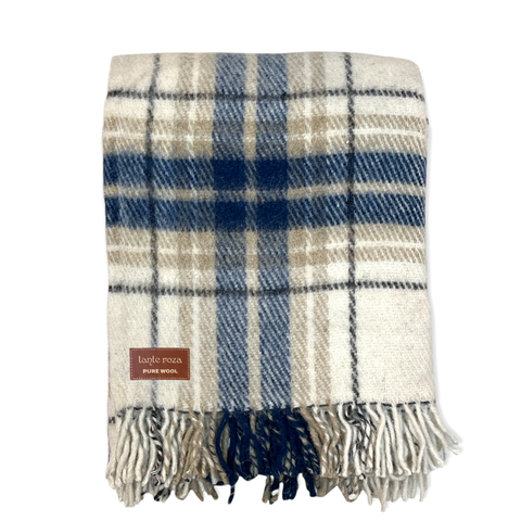 Woolmark Tartan Tek Kişilik Saf Yün Battaniye Lacivert