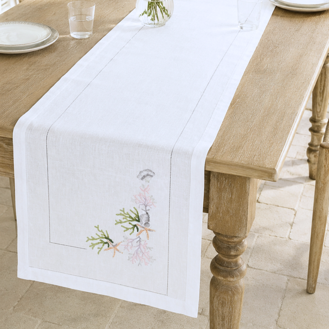 Corallia Nakışlı Keten Runner 50x160 cm Yeşil
