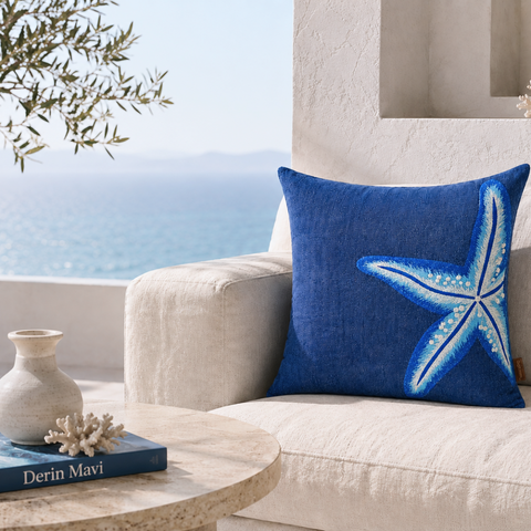 Starfish Premium Denim Nakışlı Kırlent Kılıfı 45x45 cm