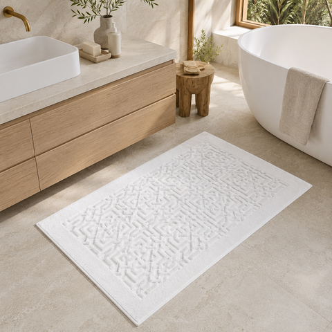 Geometrik Dokulu Yüksek Su Emici Pamuk Banyo Paspası 70x120 cm Beyaz