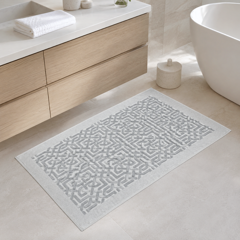 Geometrik Dokulu Yüksek Su Emici Pamuk Banyo Paspası 70x120 cm Buz Grisi