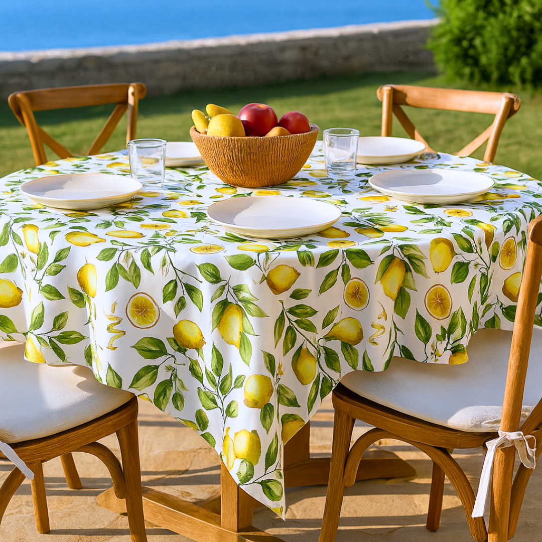 Lemonade Reçine Kaplamalı Dokuma Keten Leke Tutmaz Yuvarlak Masa Örtüsü