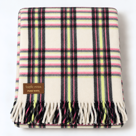 Woolmark Tartan Çift Kişilik Saf Yün Battaniye Pembe/Yeşil