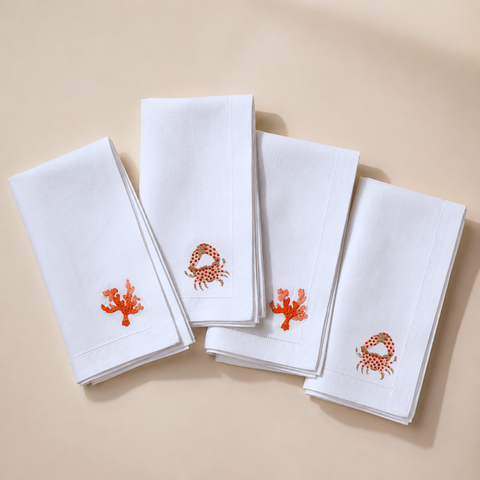 Coral Nakışlı Keten Peçete Seti (4'lü Set)