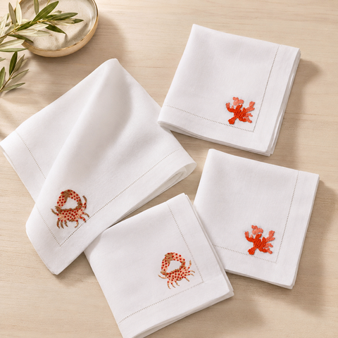 Coral Nakışlı Keten Peçete Seti (4'lü Set)