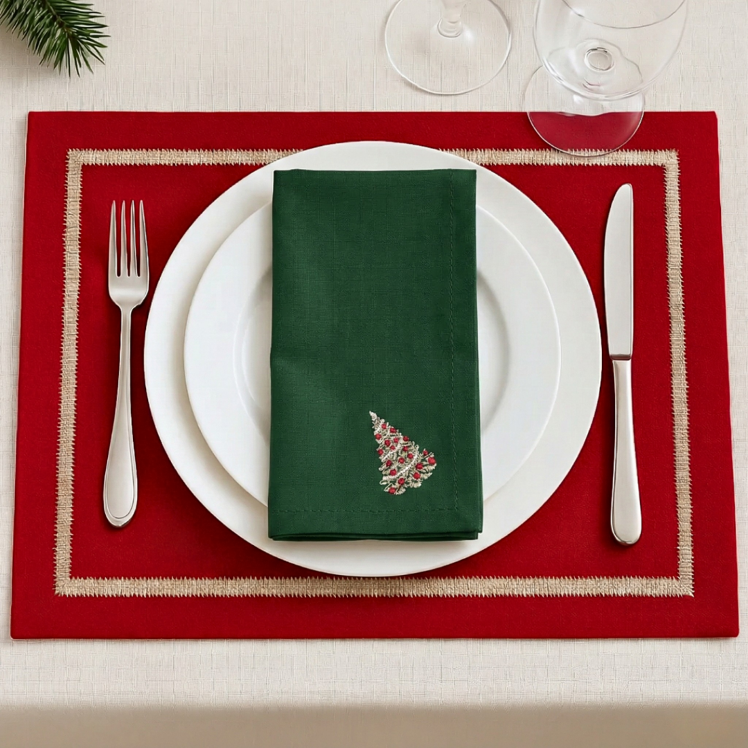 Veloura Leke Tutmaz Nakışlı Keten Amerikan Servisi 35x50 cm Kırmızı (2'li Set)