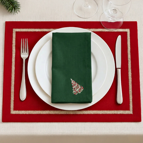 Veloura Leke Tutmaz Nakışlı Keten Amerikan Servisi 35x50 cm Kırmızı (2'li Set)