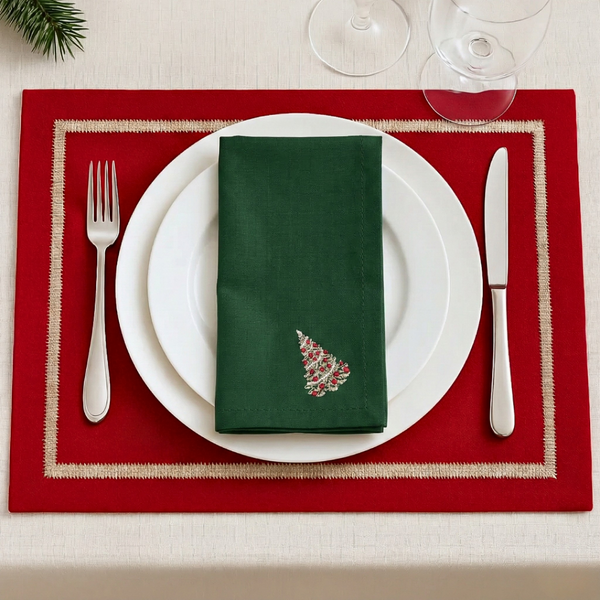 Veloura Leke Tutmaz Nakışlı Keten Amerikan Servisi 35x50 cm Kırmızı (2'li Set)