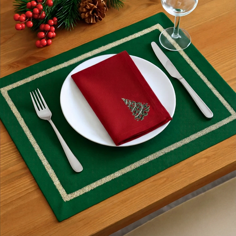 Veloura Leke Tutmaz Nakışlı Keten Amerikan Servisi 35x50 cm Yeşil (2'li Set)