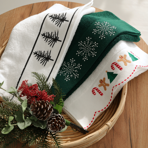 Snowflakes Nakışlı %100 Pamuk Yüz Havlusu 50x80 cm Yeşil