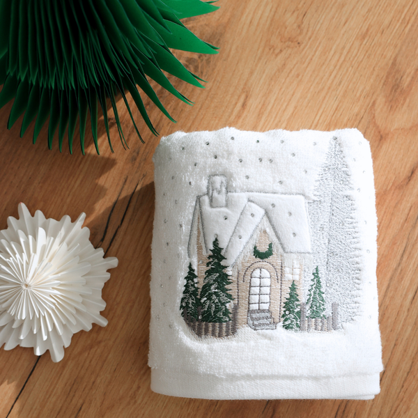 Chalet Nakışlı %100 Pamuk Yüz Havlusu 50x75 cm Beyaz