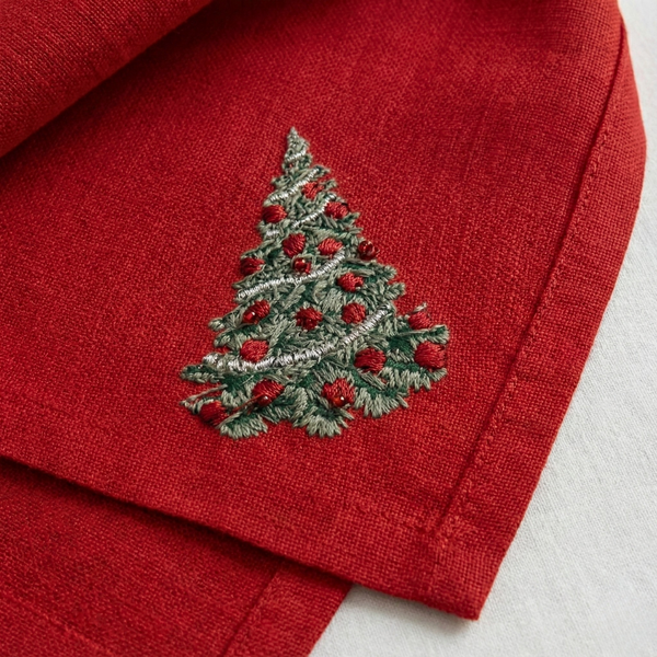 Veloura Leke Tutmaz Nakışlı Keten Peçete Kırmızı (2'li Set)