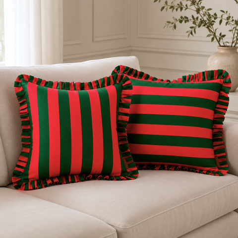 Red & Green Stripe Fırfır Kenarlı Kırlent Kılıfı