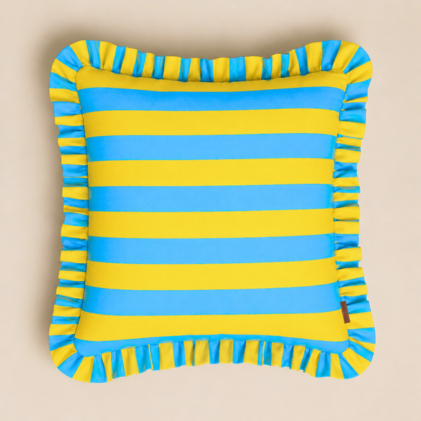 Yellow & Blue Stripe Fırfır Kenarlı Kırlent Kılıfı