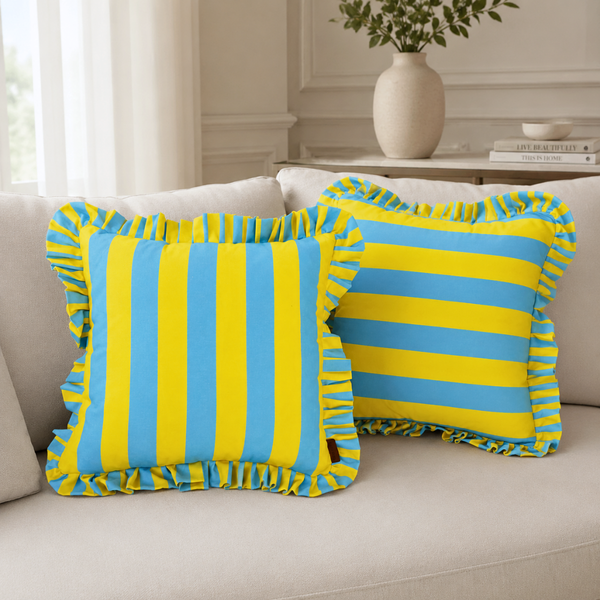 Yellow & Blue Stripe Fırfır Kenarlı Kırlent Kılıfı