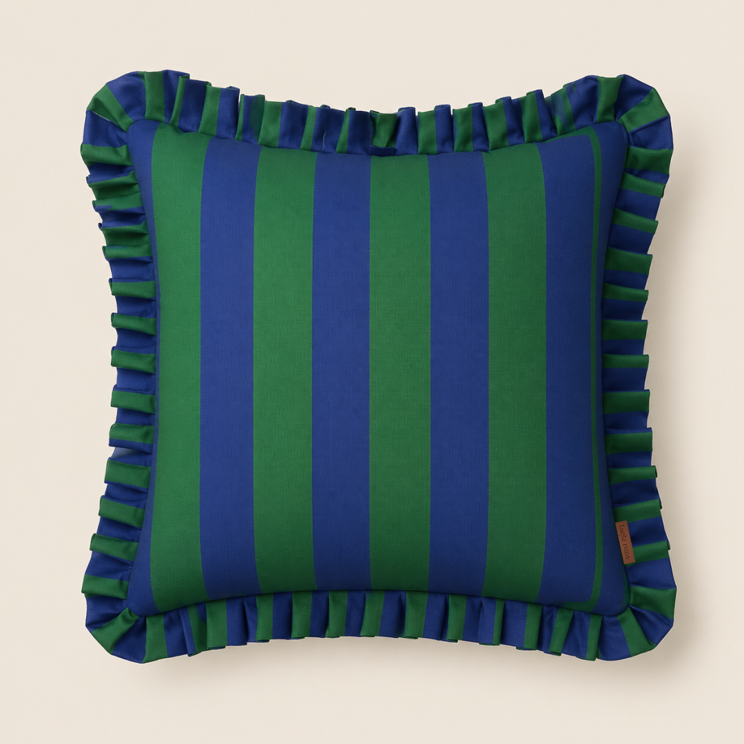 Khaki & Navy Stripe Fırfır Kenarlı Kırlent Kılıfı