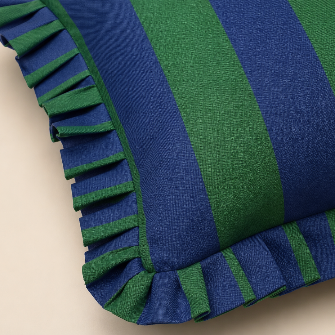 Khaki & Navy Stripe Fırfır Kenarlı Kırlent Kılıfı
